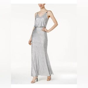 Calvin Klein‎ Women's Metallic Silver Blouson Gown Dress